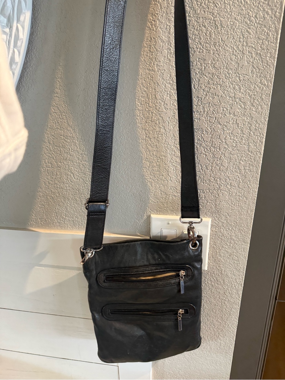 margot Black Leather Messenger Crossbody Bag with Dual Zip Pockets